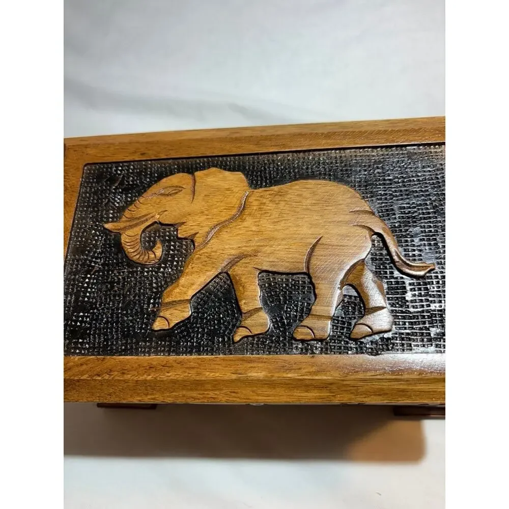 Vintage Wooden Jewelry Box with Elephant Inlay
